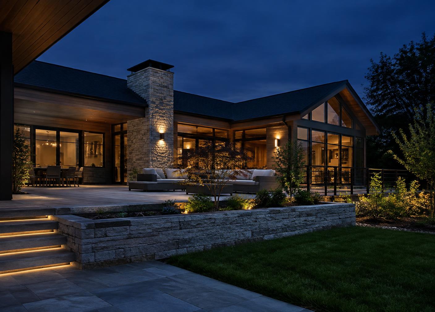 Finished modern home with stone hardscaping and deck — home improvement contractor work